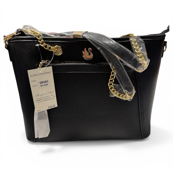Gloria Vanderbilt Handbags - New-Gloria Vanderbilt Black Pebbled Shoulder Tote with Gold Chain Straps